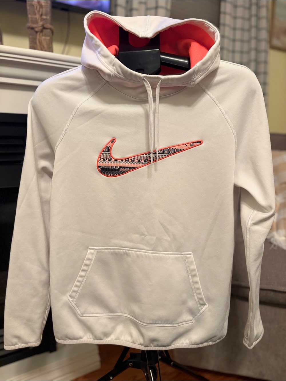 Nike White Pullover Hoodie with Coral-Accent Swoosh
